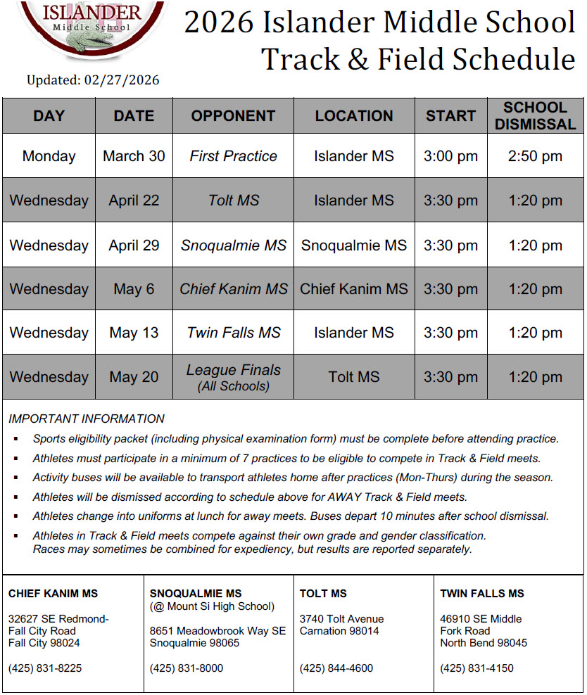 IMS Track and Field Schedule 2026